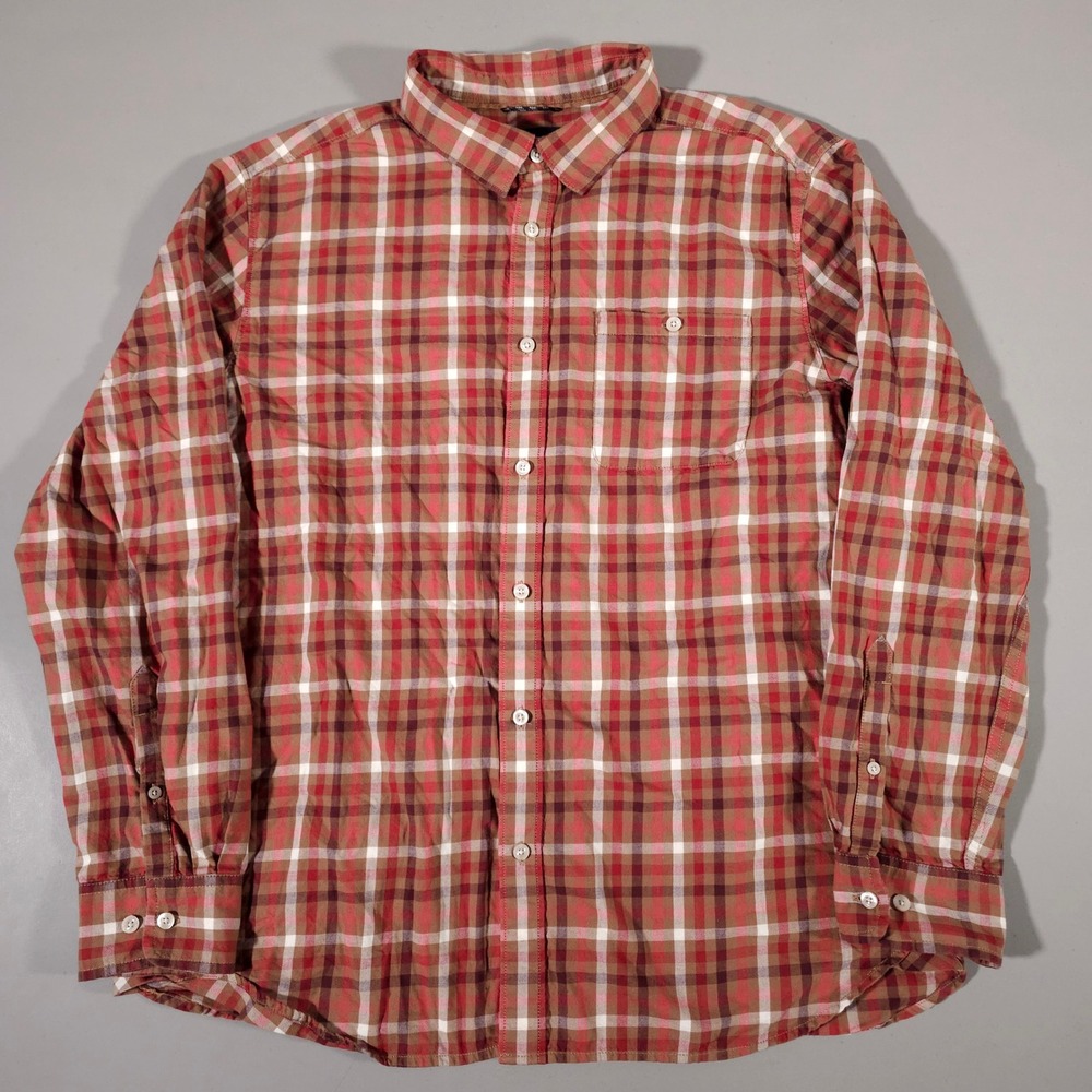 The North Face Button Down Shirt Mens XL Red Brown Plaid Long Sleeve Pocket